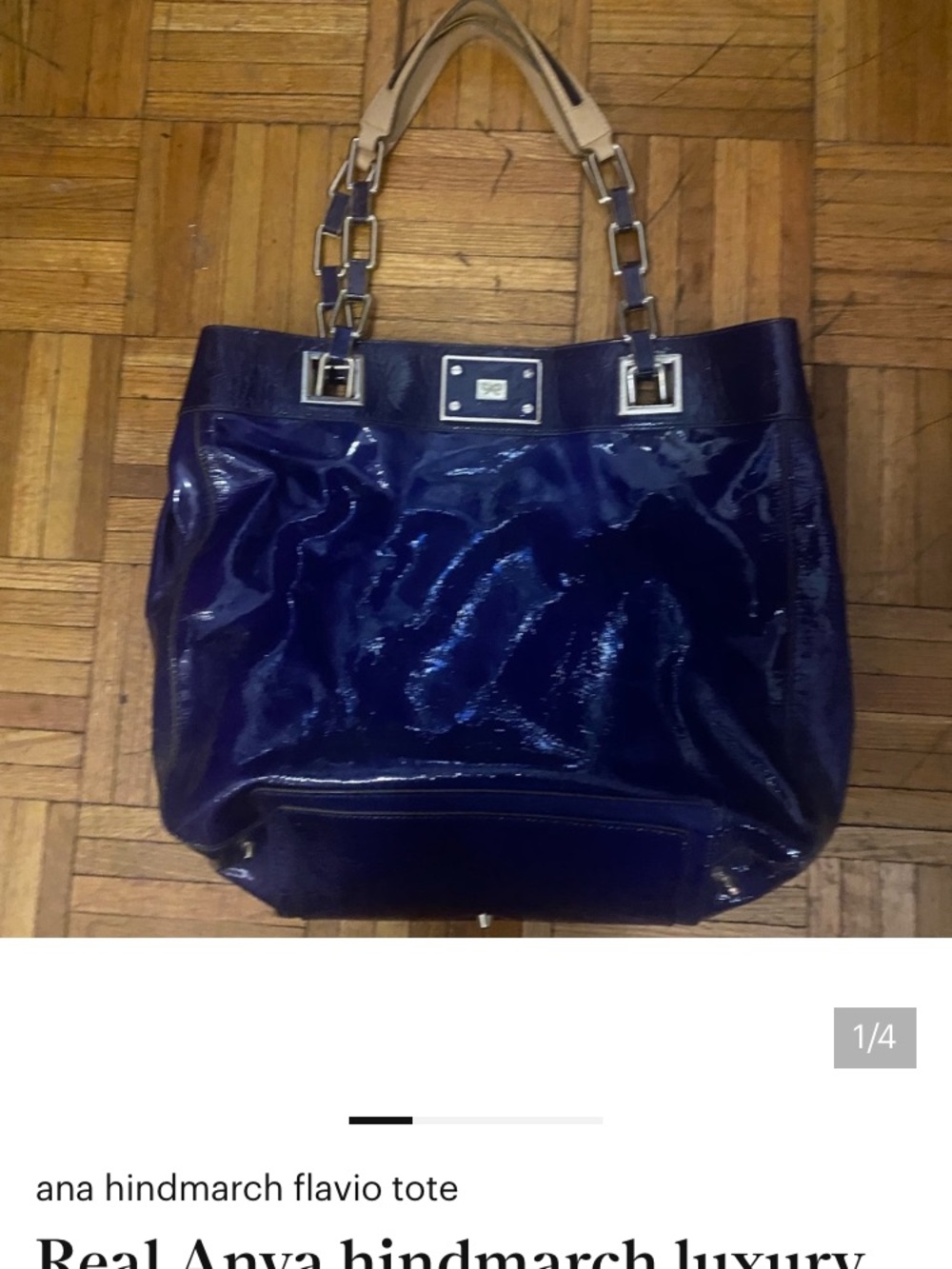 Anya Hindmarch Patent Navy Tote with Tan Chain-Accent Handles